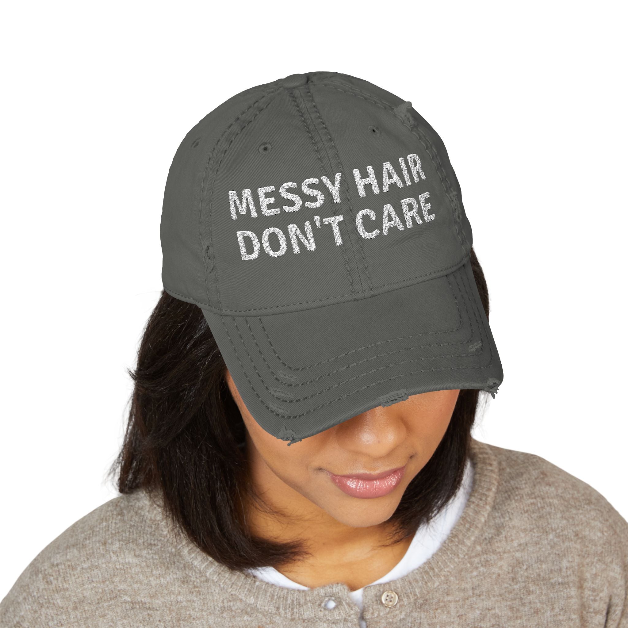 Messy Hair Don't Care - Distressed Embroidered Hat